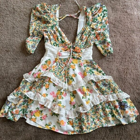For Love and Lemons Rosalyn Floral Ruffle Mini Dress in Green XXS Cottagecore - Picture 8 of 13